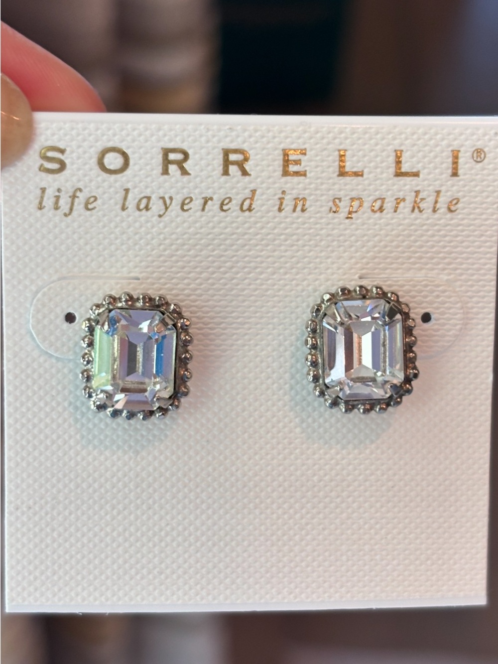 Sorrelli Silver-Tone Clear Emerald-Cut Halo Stud Earrings
